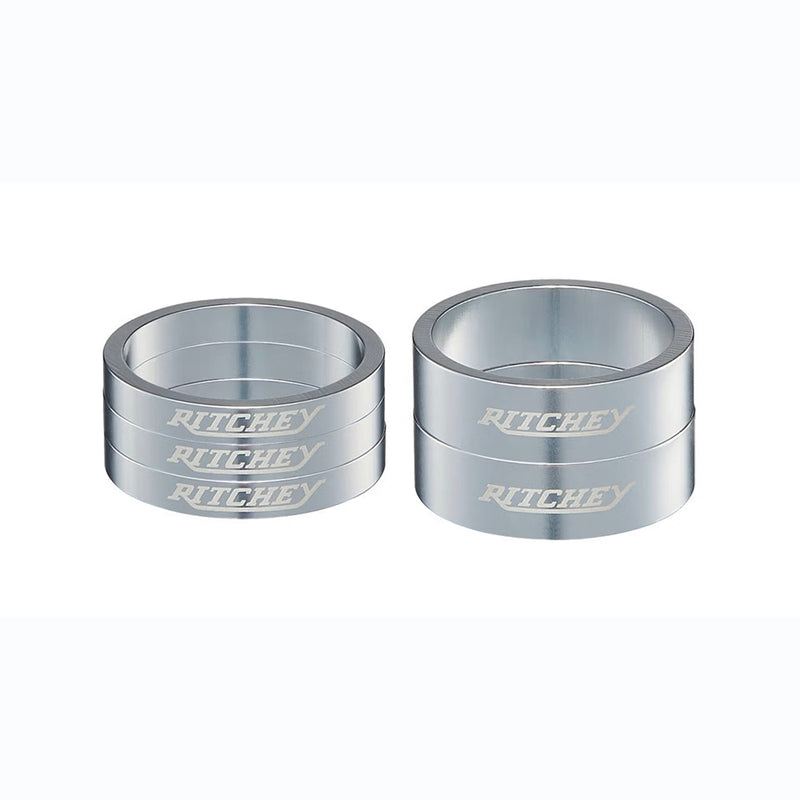 Load image into Gallery viewer, Ritchey Classic Headset Spacers Pack 28.6mm / 2x 10mm and 3x 5mm Spacers, High Polish Silver / with White Logo

