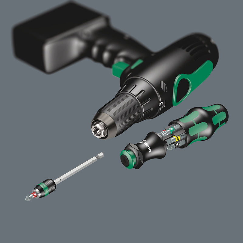 Load image into Gallery viewer, A 2 position telescopic blade can be retracted into the handle for confined space operation or extended for reach. It can also be removed &amp; used as a 100mm bit holder.. Six bits are conveniently integrated into a push-button opening bit magazine.
